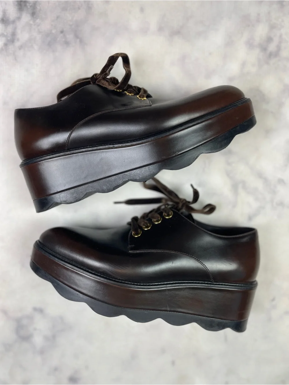 PRADA Vitello Old Platform Oxfords Brown Wavy Sole Flatform 1E851H Sz 39 / 9